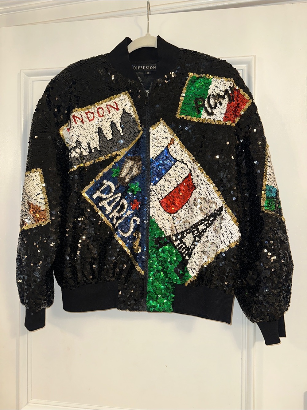 Vintage 90’s Sequin Travel Patch Bomber Jacket - Black with Multicolor Patches